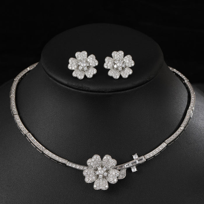 Wholesale Fashion Simple Camellia Zircon Jewelry suit Earrings Necklace suit Accessories