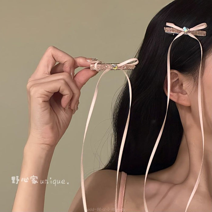 Wholesale Pink Sweet Diamond Hairpin Bow Ribbon Side Clip Hairpin