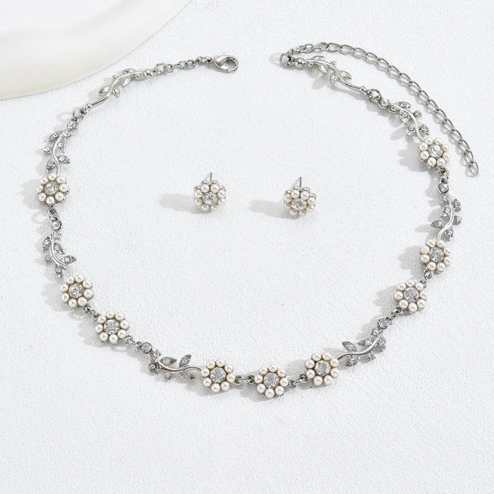 Wholesale Earrings Necklace Set Stylish Stamen Design Inlaid Pearl Zircon Necklace Earrings