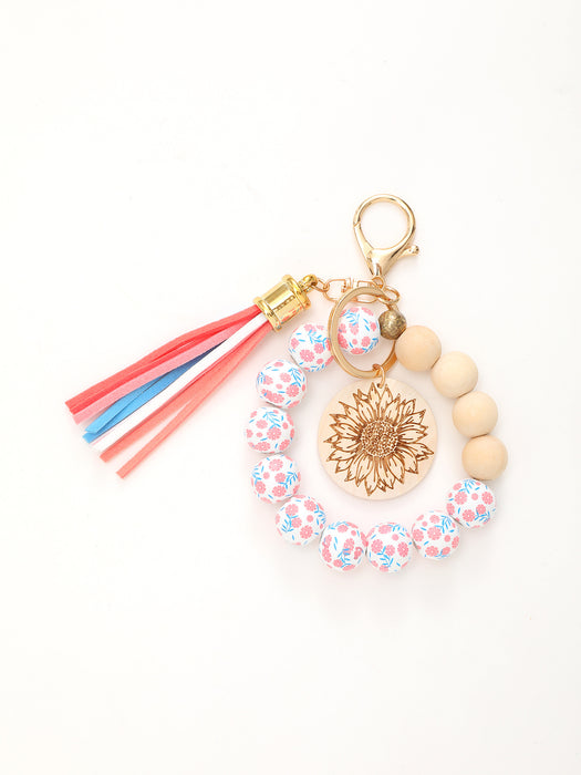 Wholesale Colorful Wooden Beads Bracelet Tassel Wood Keychain JDC-KC-RongRui039