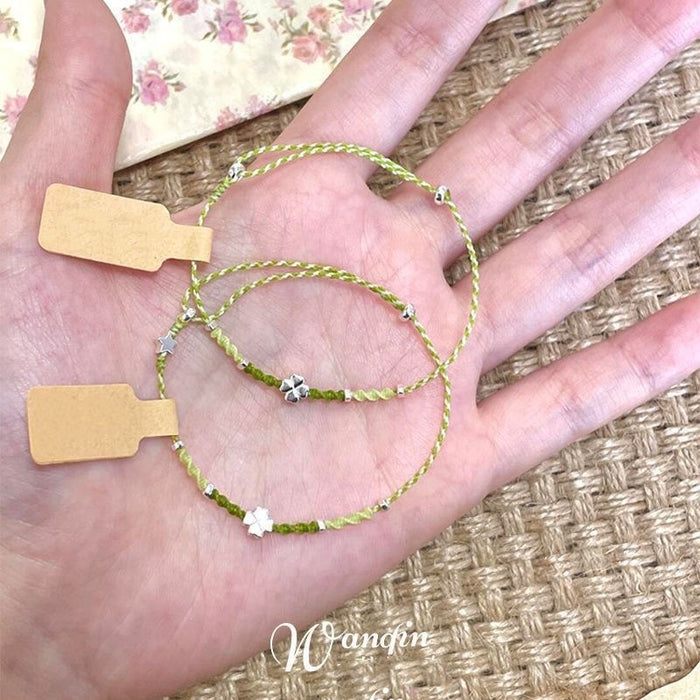 Wholesale Green Rope Four-leaf Clover Bracelet Mori Style All-match Pastoral Style