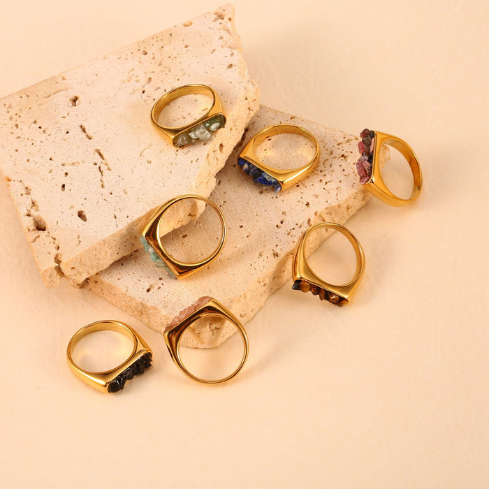 Wholesale Original design: Gold stainless steel inlaid with natural crushed stone ring, fashionable and trendy, multi colored jewelry wholesale