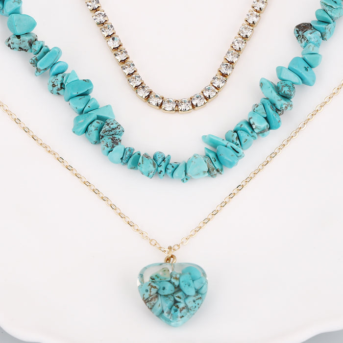 Wholesale alloy rhinestone multi-layer turquoise temperament necklace women