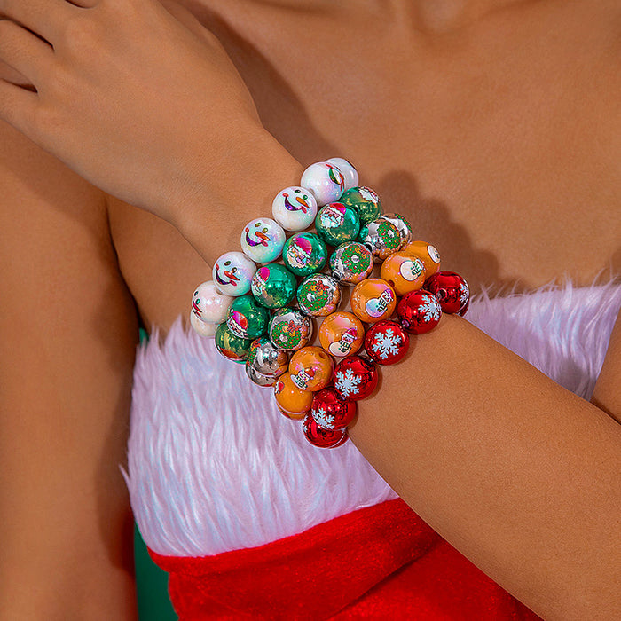 Wholesale Resin Beaded Bracelet with Snowman Bell Print Colorful Round Beads Christmas Jewelry Accessory MOQ≥2