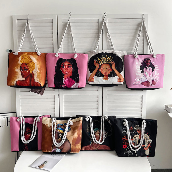 Wholesale Outdoor practical versatile retro canvas bag cartoon print portable beach bag large capacity