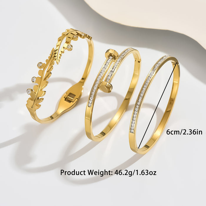 Wholesale Stainless Steel Botanical-Themed Gold-Tone Bangle Set with Rhinestones