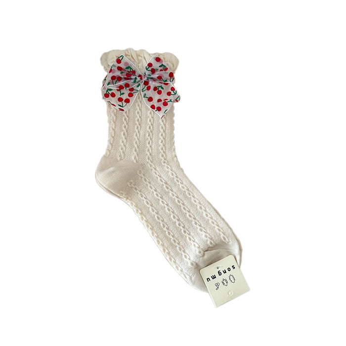 Wholesale Women's thin breathable socks with bow tie, mid tube socks, hollowed out lace socks