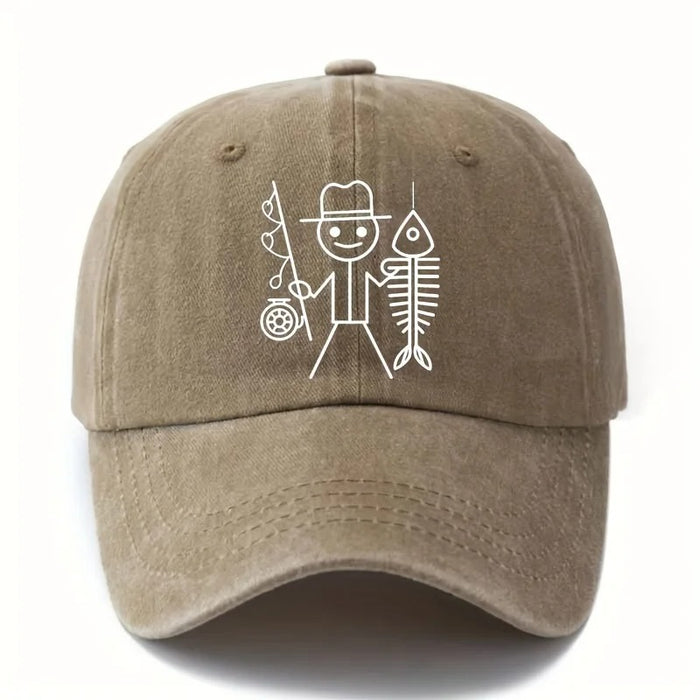 Wholesale Fun Fishing Stick Figure Fishbone Print Washed Baseball Cap Summer Sun Hat