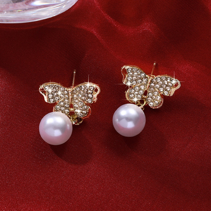Wholesale Diamond butterfly pearl earrings exquisite and fashionable