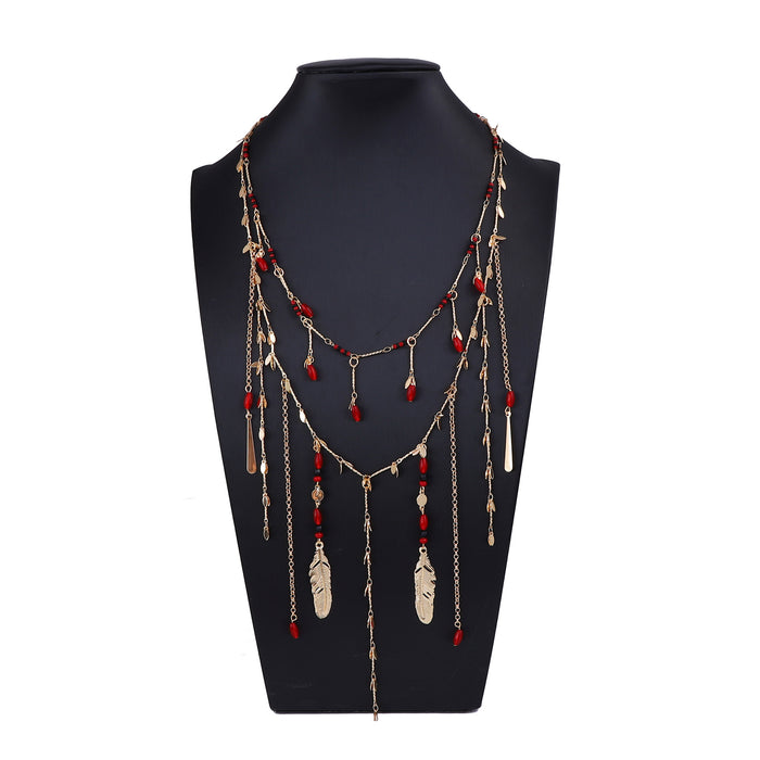 Wholesale Double-Layer Stacked Chain Metal Leaf Beaded Pendant Tassel Women's Necklace
