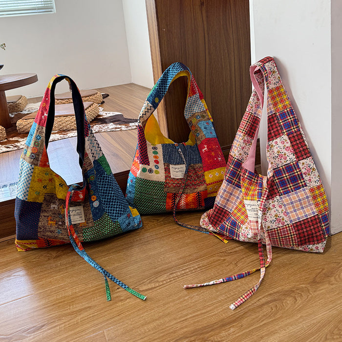 Wholesale Retro double-sided patchwork pericardial shoulder bag, large capacity shopping bag