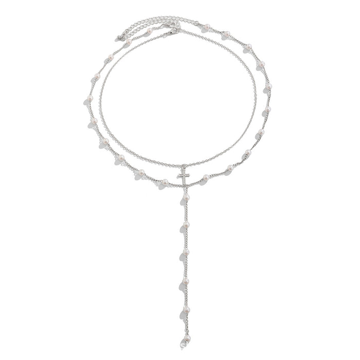 Wholesale Temperament imitation pearl chain long tassel necklace simple cross pendant collarbone chain