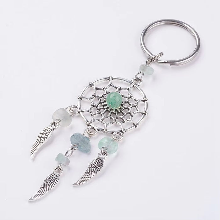 Wholesale Bohemian Dreamcatcher Keychain with Crystal Chips Feather Tassel Green Car Key Accessory