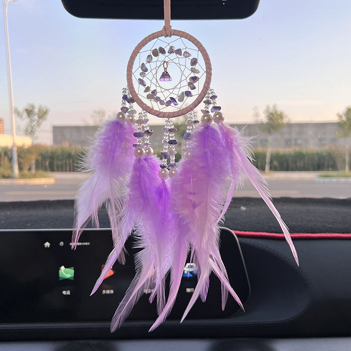 Wholesale Crystal Stone Dream Catcher Car Pendant Feather Wind Chime Rearview Mirror Decorative Accessory MOQ≥2