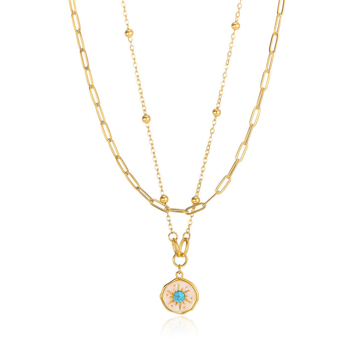 Wholesale Double Layer Gold Stainless Steel Simple Turquoise  Necklace