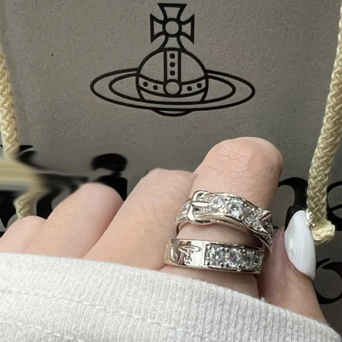 Wholesale Saturn double-layer belt buckle diamond inlaid ring, high-end retro ring