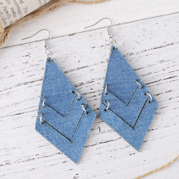 Wholesale Gradient blue denim geometric triple ing earrings Western Bohemian denim leather earrings