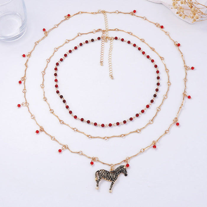 Wholesale Multi-layer Stacked Beaded Chain Necklace Alloy Zebra Pendant Necklace