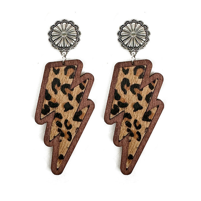 Wholesale Western lightning earrings classic leopard print genuine leather inlaid wood texture earrings