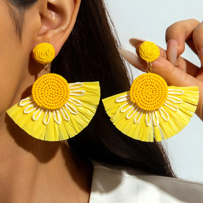 Wholesale Raffia Flower Earrings Summer Beach Style Fashion Accessory MOQ≥2
