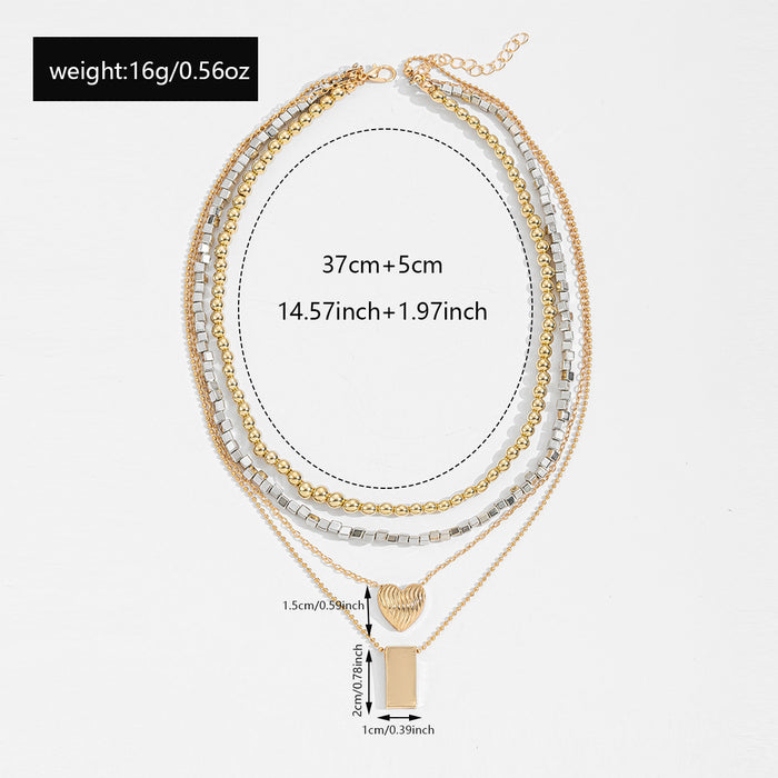 Wholesale Artistic retro layered necklace with gold and silver color blocking design, layered and heart-shaped square pendant