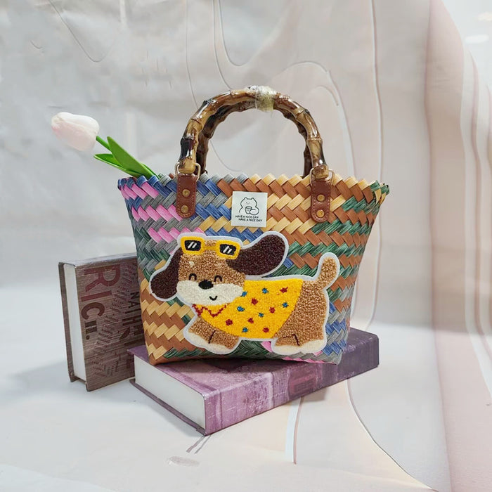 Wholesale Woven Basket Bag Shoulder Hand Bag Cute Rattan Cloth Cartoon Woven Bag