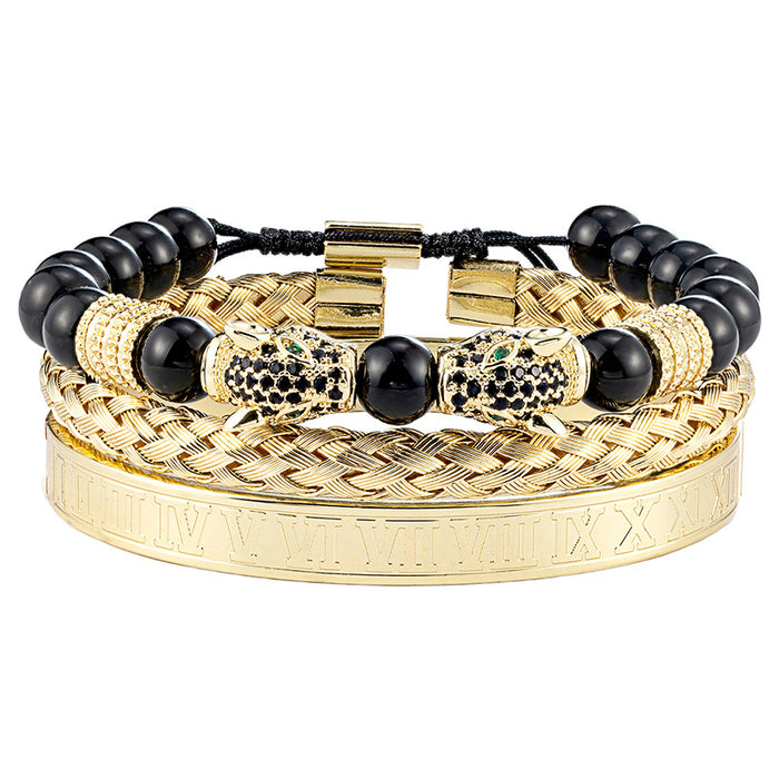 Wholesale Leopard Head Braided Bracelet Stainless Steel Roman Number Bracelet Vintage Style Three Piece Set