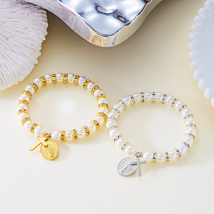 Wholesale Our Lady Cross Pearl Bracelet Gold Heart Imitation Pearl Bracelet