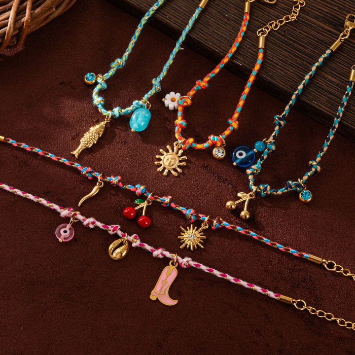 Wholesale Braided Rope Bracelet Sun Cherry Flower Fish Boots Bracelet Titanium Steel