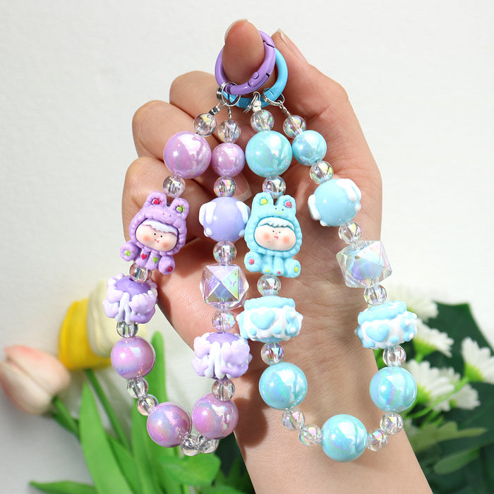 Wholesale Acrylic Cartoon Keychain Pendant Blue Hand-Painted Beaded Doll Design for Car Keys Bag Boutique Resale Accessory
