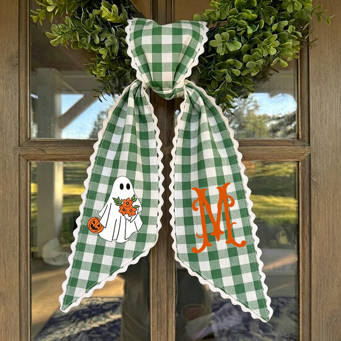 Wholesale  Plaid Ghost Trick Or Treat Wreath Door Hanging Decoration With Green Leaves For Party Home Decor