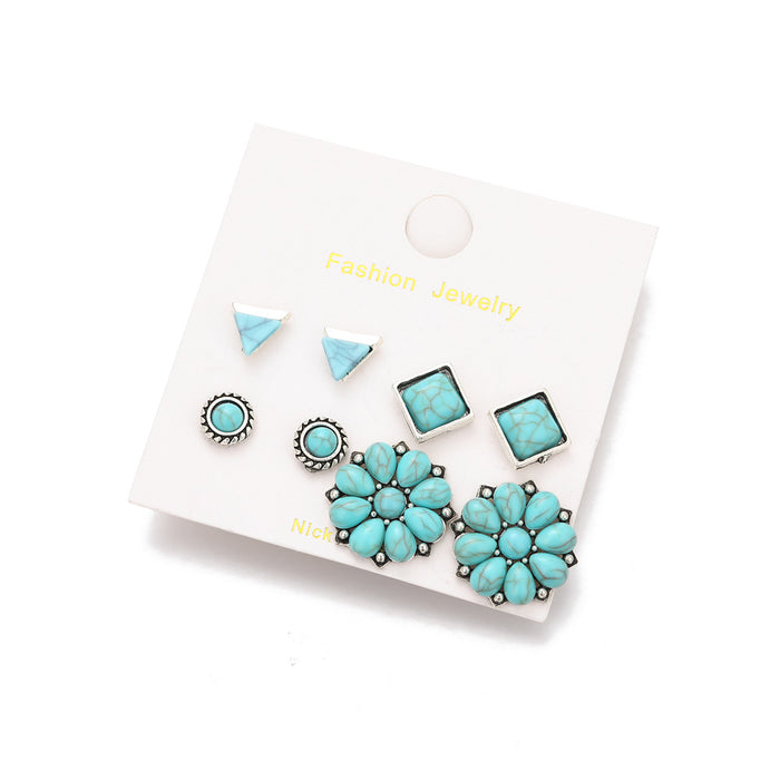 Wholesale Retro Bohemian Turquoise Round Earrings 4 Pair Set
