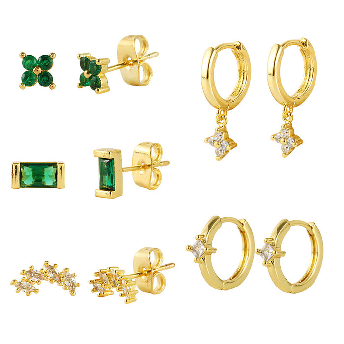 Wholesale Personalized Light Luxury Copper Earnail Geometric Earring Set with Diamond studded Color Diamond Zircon Square Earring Buckle