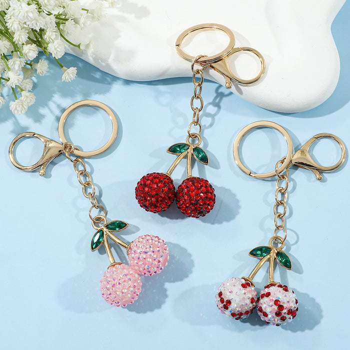 Wholesale Fruit Alloy Rhinestone Cherry Keychain Diamond Cherry Car Bag Pendant