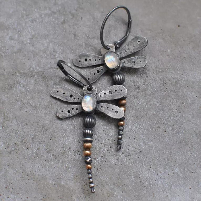 Wholesale Design sense: vintage metal insect moonstone earrings, vintage metal earrings, women's accessories