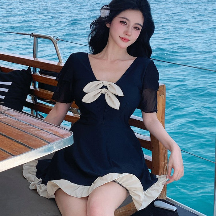 Wholesale Women's one-piece short sleeved swimsuit, bow tie, hot spring bath swimsuit