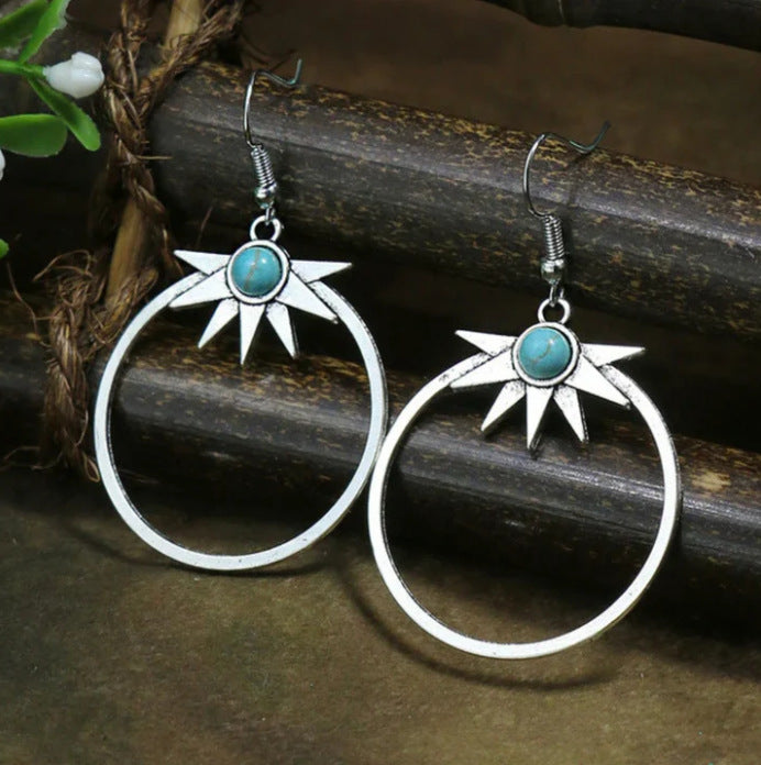 Wholesale Silver-Rimmed Starburst Turquoise Earrings