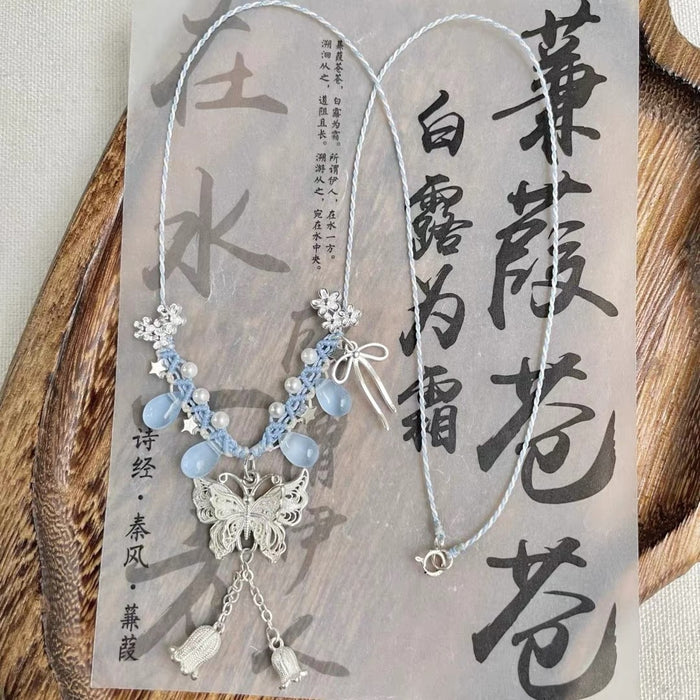 Wholesale Hand-Knitted Purple Flower Butterfly Necklace with Artificial Crystal Lily of the Valley Pendant