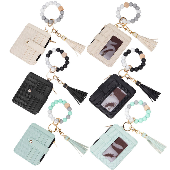 Wholesale leather PU tassel card holder silicone bracelet wrist keychain pendant bracelet bracelet key ring