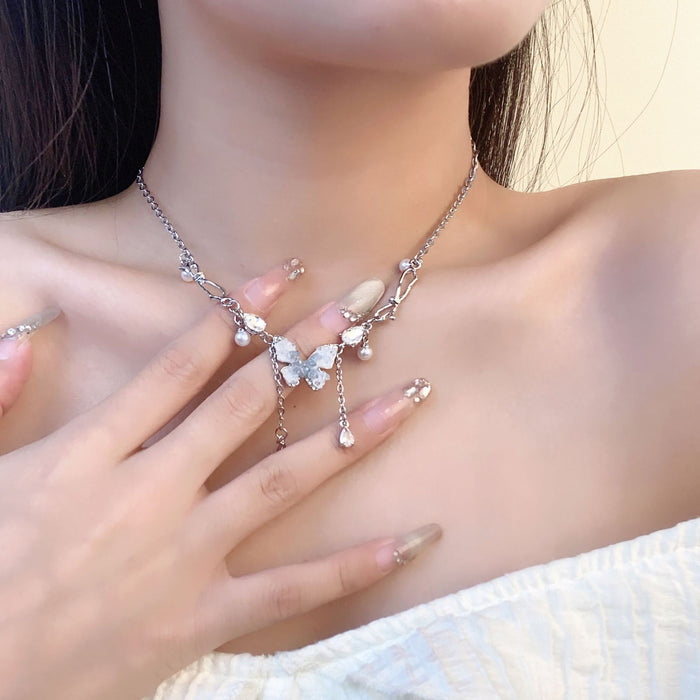 Wholesale Butterfly tassel necklace, light luxury, high-end temperament, fashionable necklace, versatile collarbone necklace, necklace accessory