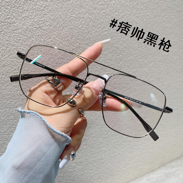 Wholesale Large frame pure titanium wire double beam eyeglass frame, myopia can be matched with degree anti blue light flat lens