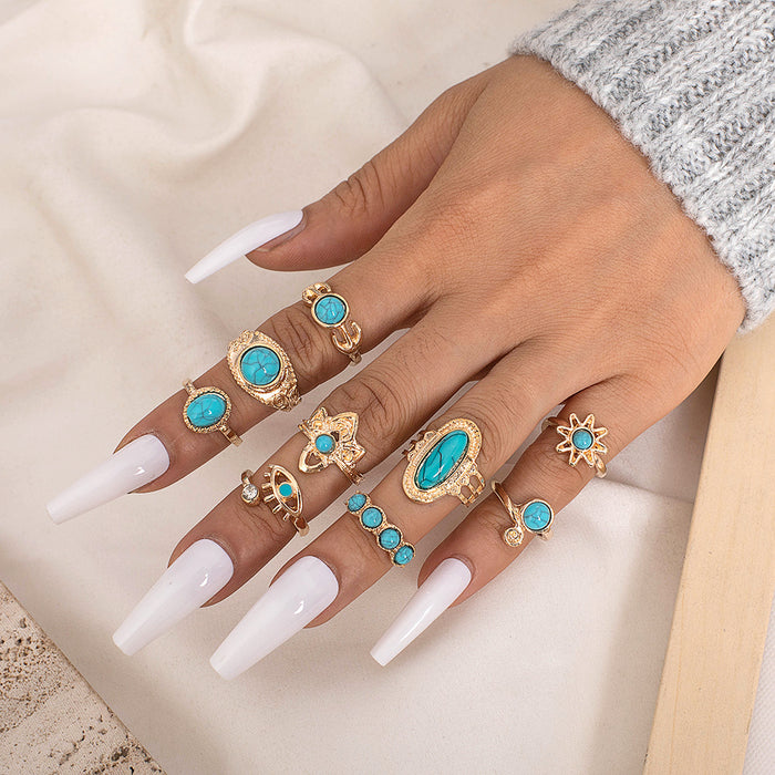 Wholesale Retro Bohemian Turquoise Opening 20-Piece Set Ring
