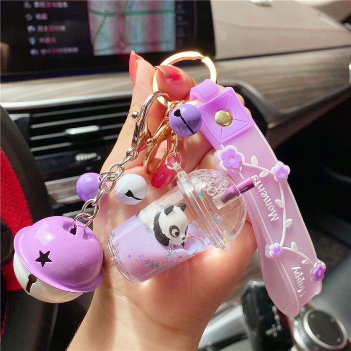 Wholesale Red Creative Girl's Heart Cute Panda Oil-filled Milk Tea Cup Floating Bottle Keychain Pendant quicksand pendant