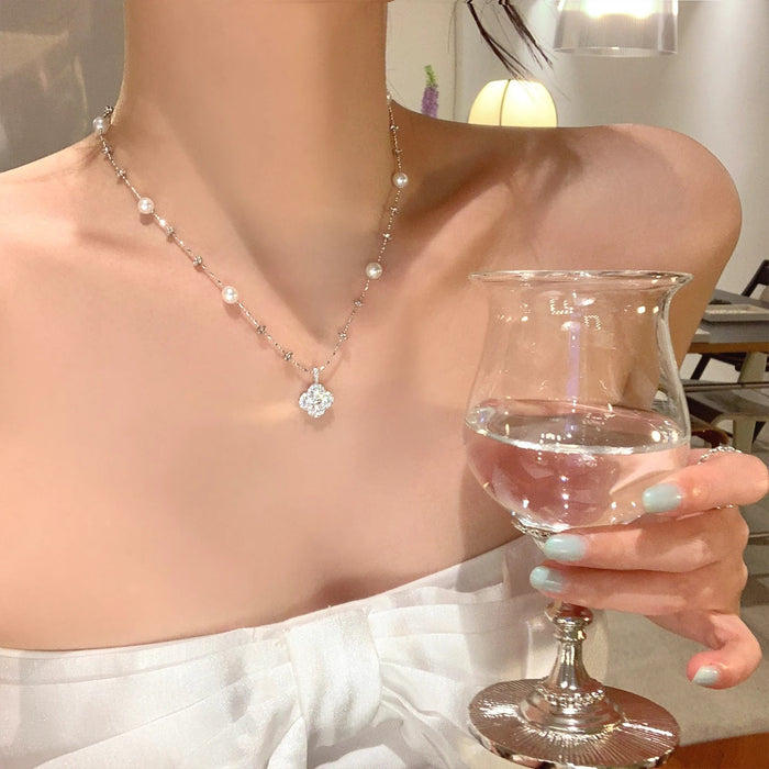 Wholesale Trendy Lucky Clover Zircon Flower Pearl Necklace Titanium Steel Fashion Jewelry Accessory For Women