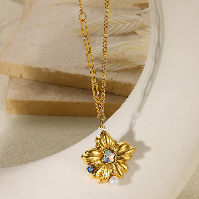 Wholesale Stainless Steel Vacation Ocean Imitation Pearl Jewelry Sunflower Necklace