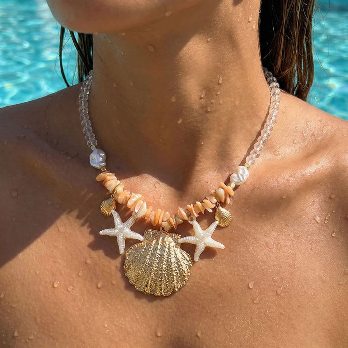 Wholesale Bohemian Starfish Shell Pendant Necklace Faux Pearl Ocean Series Beach Vacation Style