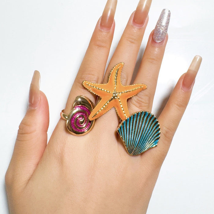 Wholesale Alloy Starfish Shell Ring Set Ocean Vacation Style Drip Oil Jewelry Boutique Resale MOQ≥5