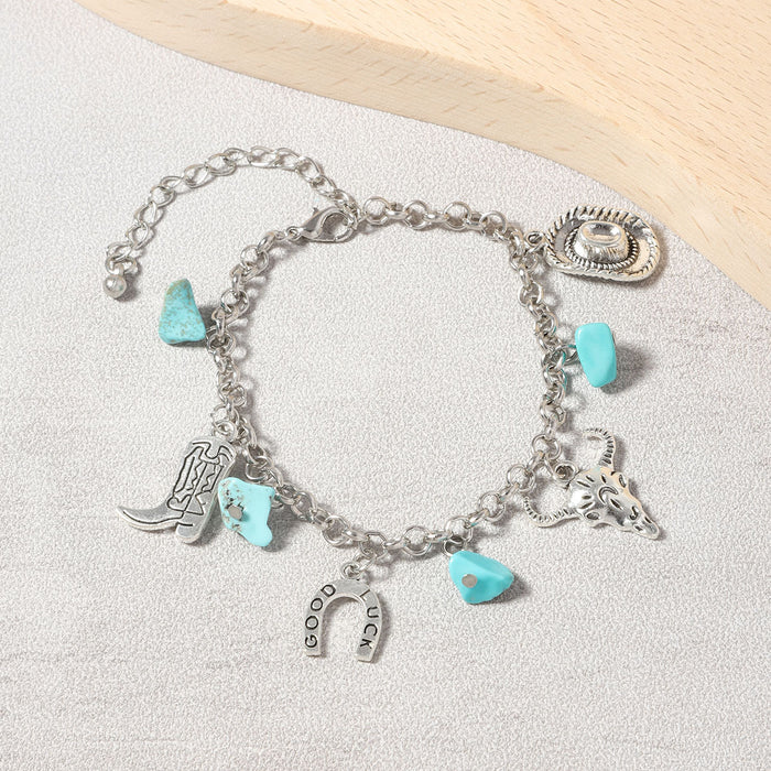 Wholesale western Denim retro ethnic style imitation turquoise alloy cow's head boots hat Necklace