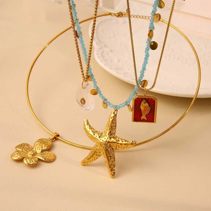 Wholesale New Fashion Stainless Steel Flower Necklace Natural Stone Starfish Accessories Color Preserving Wholesale