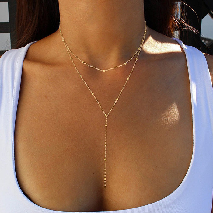 Wholesale Fashionable and simple necklace with versatile temperament, tassel round beads, multi-layer layered collarbone chain, chest chain, women's